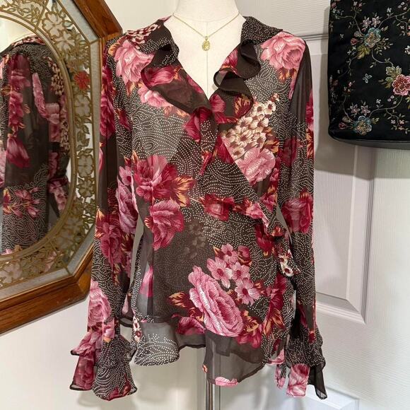 VTG 90s Lew Magram Dark Brown Sheer Mesh & Pink Floral Polka Dot Wrap Top - Picture 3 of 8